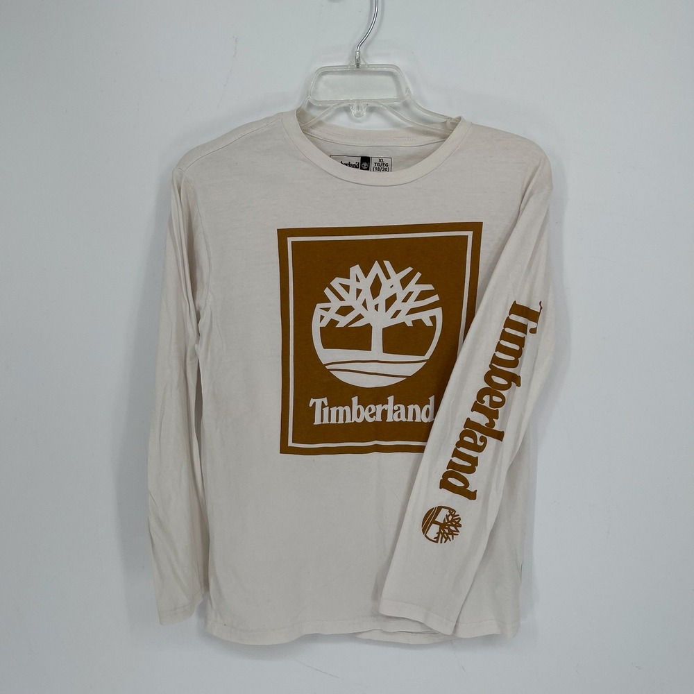 Timberland Boy's Cream Graphic Logo Crewneck Long Sleeve T-Shirt Size XL 18-20